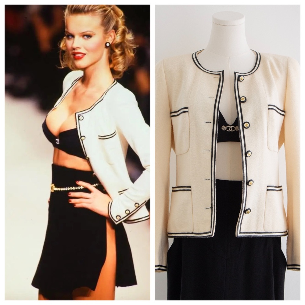 Chanel Vintage S/S 1995 Barbie Ivory Ecru Black Tweed Braided CC 95P Jacket
